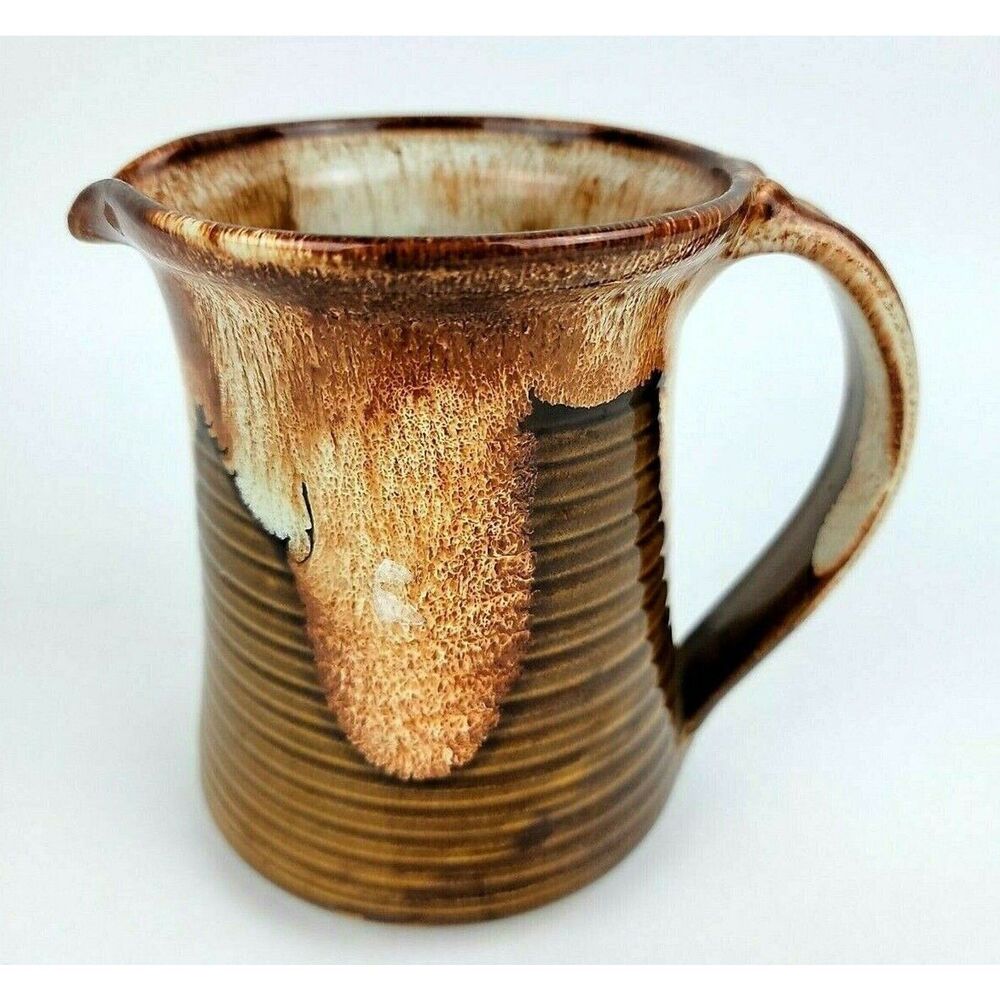 JK Dryden Original Pottery Pitcher Brown 5 Inches Drip Glaze Signed 1983 Brown